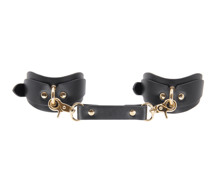 Love in Leather shaped ankle cuffs with gold hardware - ergonomic leather BDSM ankle restraints