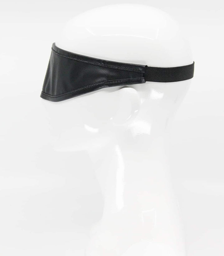 Black wired blindfold side view - padded leather eye mask with adjustable strap