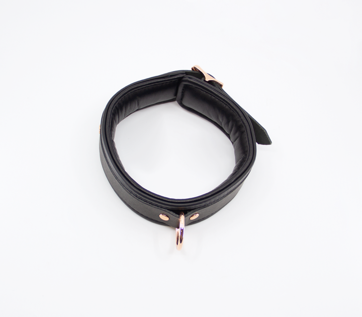 Premium leather collar side view - black BDSM collar with rose gold buckle and D-ring
