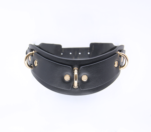 Love in Leather 3 ring posture collar - black leather BDSM collar with three metal D-rings
