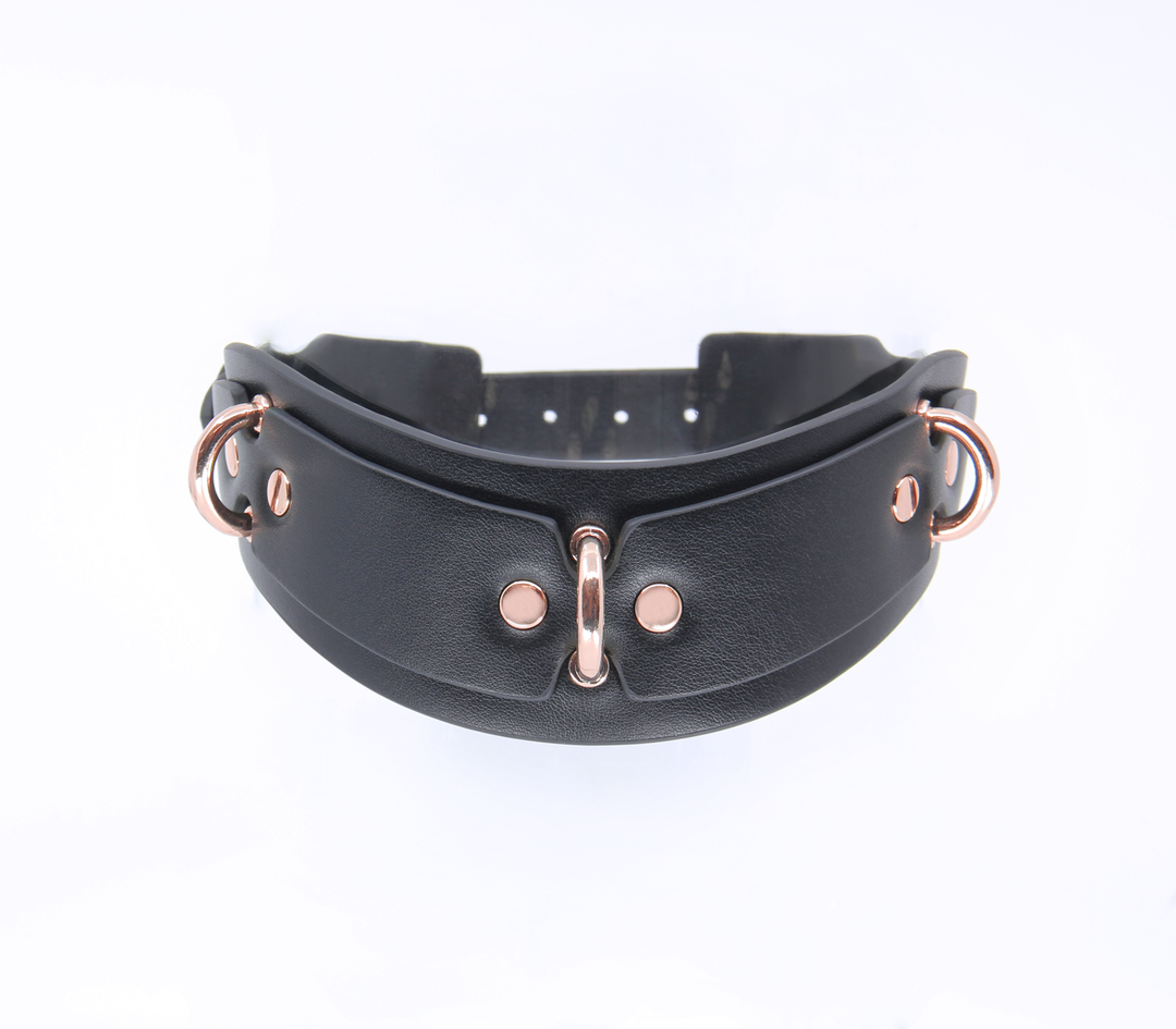 3 ring posture collar with rose gold hardware - premium leather fetish collar with adjustable buckle