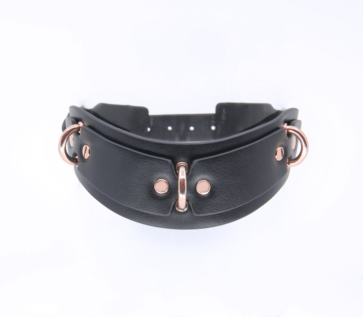 3 ring posture collar with rose gold hardware - premium leather fetish collar with adjustable buckle