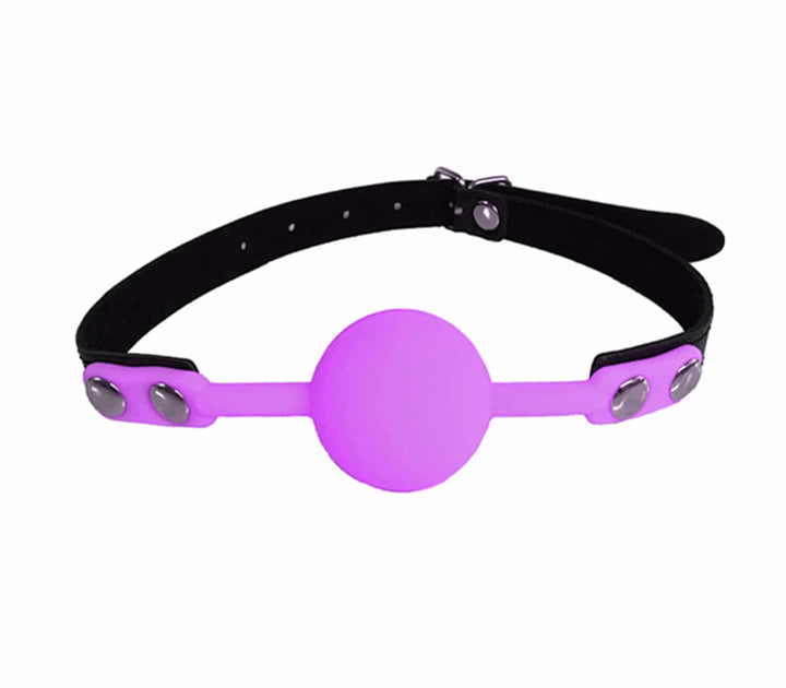 Love in Leather purple silicone ball gag - adjustable fetish accessory with leather strap