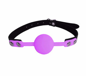 Love in Leather purple silicone ball gag - adjustable fetish accessory with leather strap
