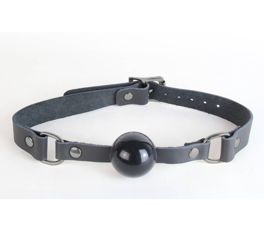 Love in Leather black leather ball gag with pewter hardware - adjustable BDSM restraint