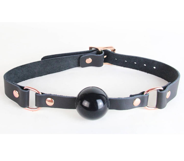 Love in Leather black leather ball gag with rose gold hardware - premium fetish accessory 