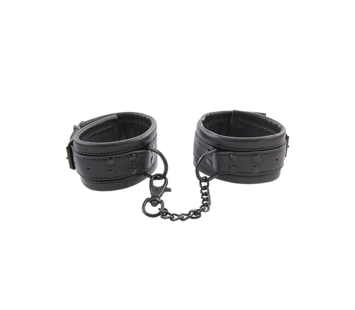 Love in Leather padded soft black cuffs - comfortable wrist restraints with chain connection