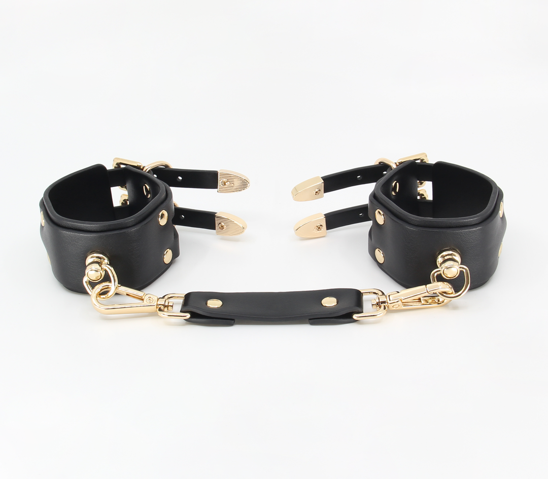 Love in Leather double strap cuffs with gold hardware - premium leather wrist restraints
