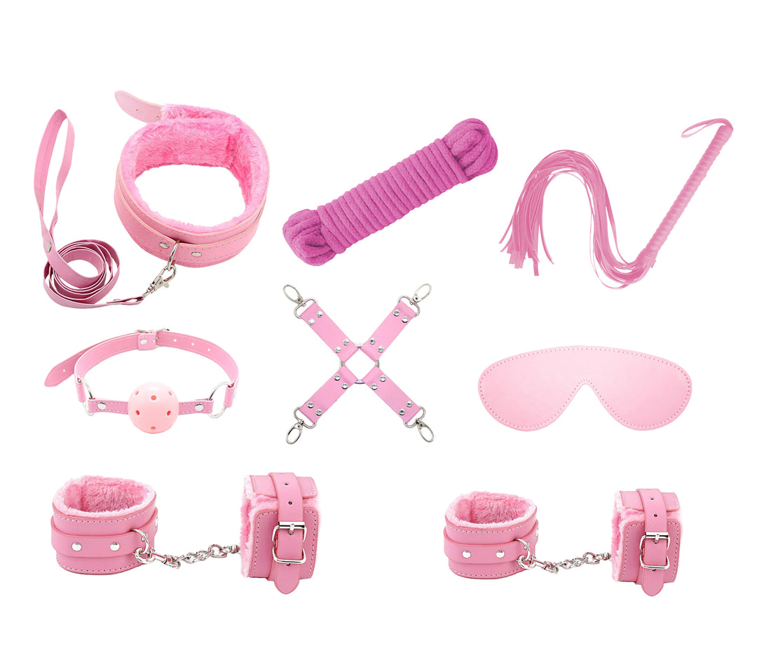 Love in Leather 9-piece bondage kit in pink - complete faux leather BDSM set