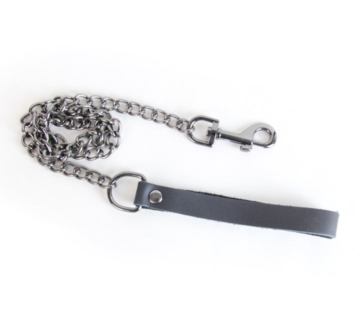 Love in Leather chain lead with pewter hardware - metal chain leash with comfortable handle