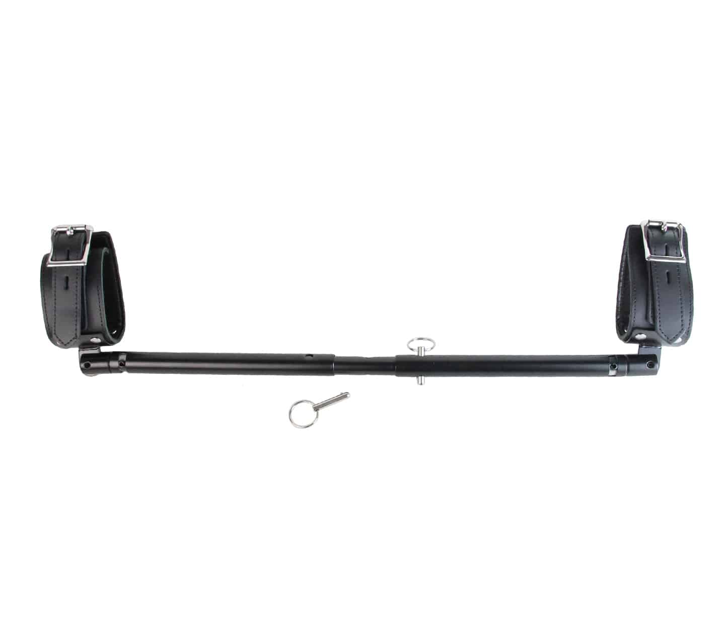 Love in Leather adjustable spreader bar with cuffs - black extendable BDSM restraint bar with pivoting ankle cuffs