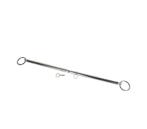 Love in Leather spreader bar with rings detail - black adjustable restraint bar with secure metal ring connections