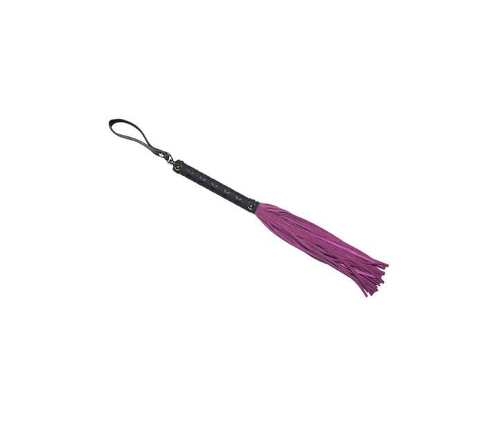 Love in Leather pink suede flogger - rubber handle whip with soft suede tails and swivel toggle