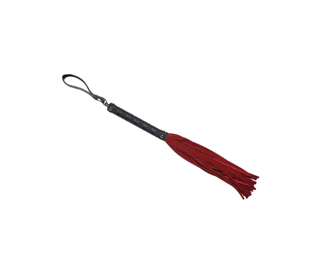 Love in Leather red suede flogger - rubber handle whip with soft suede tails and swivel toggle