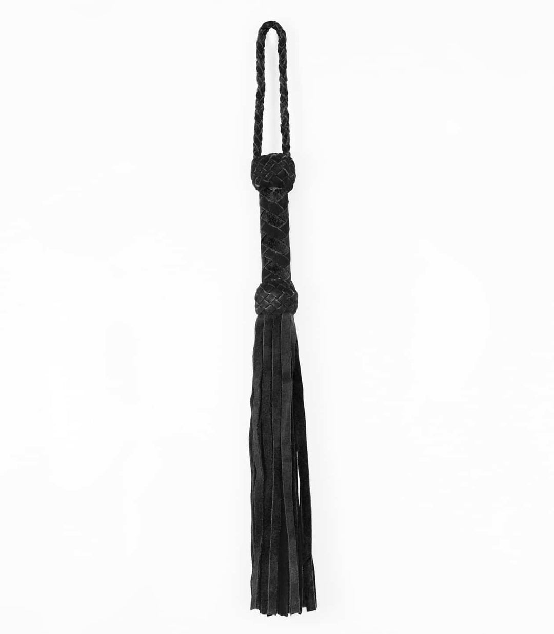 Love in Leather heavy black suede flogger 75cm - braided handle whip with thick suede tails