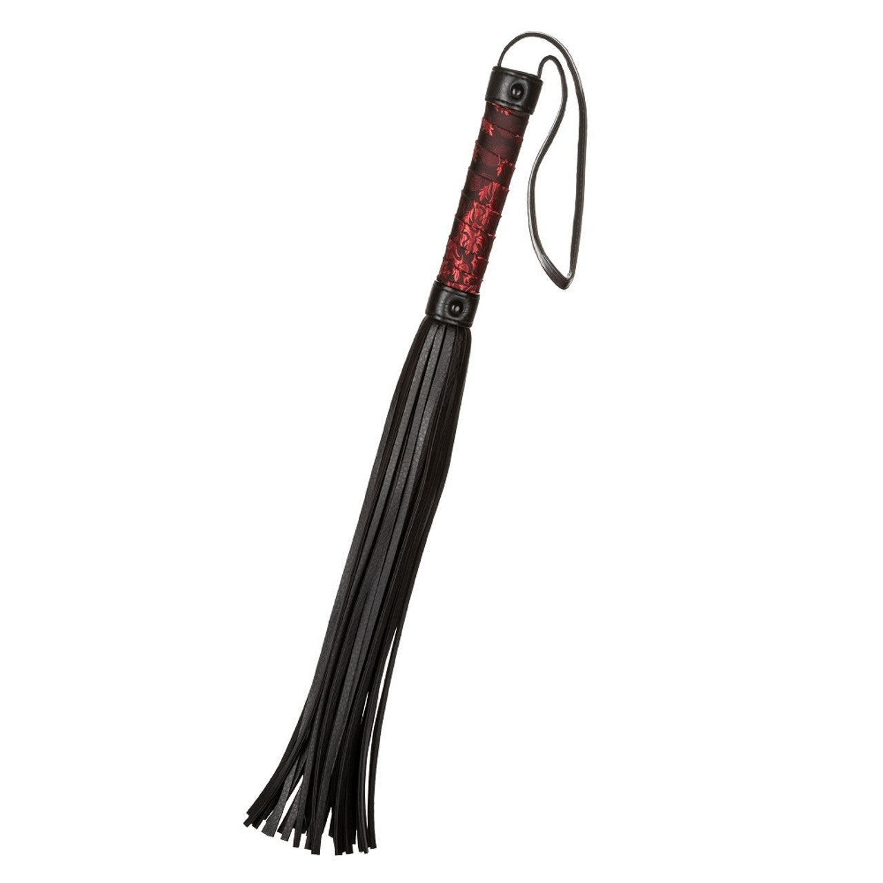 Scandal Flogger by CalExotics - black flogger with deep red fabric handle and soft tassels